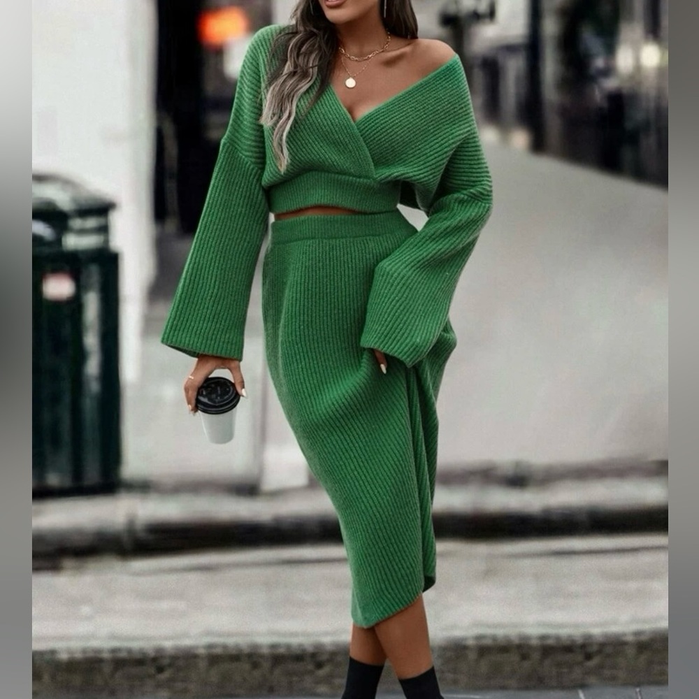 Solid Surplice Front Sweater & Knit Skirt